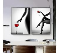Modern Half Nude Woman Wine Glass Decorative Black White Sexy Girl Prints Canvas Poster for Room Wall Decor 80x120cmx2 frame