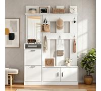 Modern Hall Tree with Coat Rack, Mirror and Shoe Bench, Space-Saving Entryway Unit with 6 Hooks and Cabinets, 120L x 30W x 180H cm, White Aosom UK