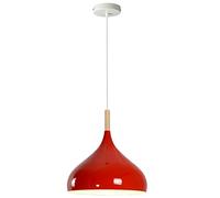 Modern Hanging Pendant Light Fitting, Industrial Loft Ceiling Adjustable Lamp Retro Metal Large Light Shade, E27 Base 1m Pendant with Wood Part, Living Room, Kithcen Island, Bedroom (Red)