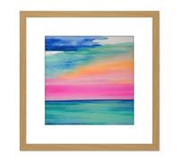 Modern Hazy Pink And Orange Seascape Watercolour Sea Square Wooden Framed Wall Art Print Picture 8X8 Inch Artery8 Light Oak One Size