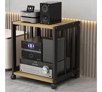 Modern Hifi Audio Stand 4 Tier Media Rack with Movable Record Player Shelf & Console Storage on Wheels Stylish Black & Light Walnut Finish for Home Entertainment