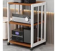 Modern HiFi Audio Stand Rack with Adjustable Movable Record Player Shelf 3 Tier Storage Cabinet in White & Teak for Gaming Consoles & Audio Equipment Easy Glide Wheels.