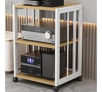 Modern HiFi Audio Stand with 5-Tier Media Storage, Rolling Cabinet for Record Player & Game Console, White & Light Walnut Finish, Mobile Rack with Locking Wheels