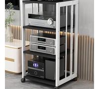 Modern HiFi Audio Stand with Movable Record Player & Game Console Shelf - 4-Tier Storage Cabinet, White & Black, Rolling with Brake Wheels for Easy Mobility