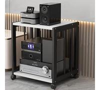 Modern HiFi Rack with Wheels - 2-Tier Adjustable Cabinet for Record Players & Game Consoles, Sturdy Black & White Shelving Unit, Stylish Storage Solution for Home Entertainment