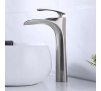 Modern High Arc Bathroom Faucet - Brushed Nickel Waterfall Sink Mixer with Single Handle for Hot & Cold Water - Stylish ty Tap for Contemporary Bathrooms