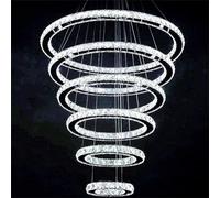 Modern High Ceiling Chandelier,6 Ring Silver Chandelier 3-Color Changing LED Crystal Pendant Light, DIY Design Chandelier for Living Room Staircase Foyer Entryway, D20-30-40-50-60-70Cm