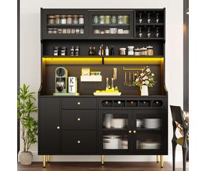 Modern Highboard with LED Lighting & Adjustable Shelves, Freestanding Cabinet with Pull-Out Wine Rack, 145L x 39W x 171H cm, Black Aosom UK