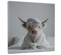 Modern Highland Cow Canvas Wall Art, White Cozy Animal Print, Cute Farmhouse Decor for Living Room, Bedroom, Wrapped Canvas 12x12 Inch