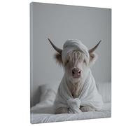 Modern Highland Cow Canvas Wall Art, White Cozy Animal Print, Cute Farmhouse Decor for Living Room, Bedroom, Wrapped Canvas 8x10 Inch