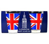 Modern, Hip Union Jack Shot Glass (Set of 2 / Two Shot Glasses) British Flag / Souvenir! Souvenir / Speicher / Memoria! Colourful Union Jack Shot Glasses With Gold Rim! Verre à Shot / Schnapsglas / Colpo di Vetro / Chupito!