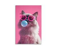 Modern Home Aesthetics Canvas Wall Decor Posters- Animal Poster Cat with Pink Sunglasses Blowing Blue Bubble Gum Full of Trendy And Fun Vibe Painting 20x30inch(50x75cm) Unframe-style