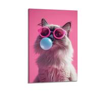 Modern Home Aesthetics Canvas Wall Decor Posters- Animal Poster Cat with Pink Sunglasses Blowing Blue Bubble Gum Full of Trendy And Fun Vibe Painting 08x12inch(20x30cm) Frame-style