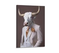 Modern Home Aesthetics Canvas Wall Decor Posters- Animal Poster Elegant Bull in Light Beige Suit Showing Gentleman Charm Painting 12x18inch(30x45cm) Frame-style