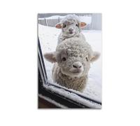 Modern Home Aesthetics Canvas Wall Decor Posters- Animal Poster Two Little Sheep Outside The Window on A Snowy Day Full of Cute And Innocent Vibe Painting 24x36inch(60x90cm) Unframe-style