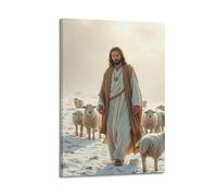 Modern Home Aesthetics Canvas Wall Decor Posters- Divine Shepherd Leading Flock in Snowy Peace Bringing Sacred Comfort for Art Decor 16x24inch(40x60cm) Frame-style
