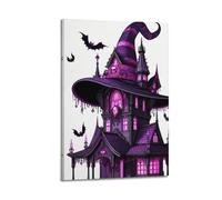 Modern Home Aesthetics Canvas Wall Decor Posters- Halloween Poster Ancient Castle with Purple Witch Hat Halloween Decorations 16x24inch(40x60cm) Frame-style