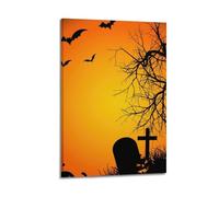 Modern Home Aesthetics Canvas Wall Decor Posters- Halloween Poster Bats Flying in Orange-red Sky Tombstones And Pumpkin Lamps by Dead Trees Halloween Decorations 08x12inch(20x30cm) Frame-style