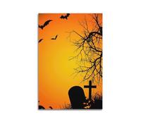 Modern Home Aesthetics Canvas Wall Decor Posters- Halloween Poster Bats Flying in Orange-red Sky Tombstones And Pumpkin Lamps by Dead Trees Halloween Decorations 12x18inch(30x45cm) Unframe-style