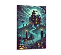 Modern Home Aesthetics Canvas Wall Decor Posters- Halloween Poster Haunted House On The Hill Scene Is Thrilling And Has Festival Atmosphere Halloween Decorations 24x36inch(60x90cm) Frame-style