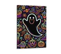 Modern Home Aesthetics Canvas Wall Decor Posters- Halloween Poster Neon Ghost with Pumpkin Lanterns And Skulls Halloween Decorations 24x36inch(60x90cm) Frame-style