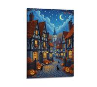Modern Home Aesthetics Canvas Wall Decor Posters- Halloween Poster Town Scene With Pumpkin And Black Cat Under Moonlight Is Dreamy And Has Festival Atmosphere Halloween Decorations 20x30inch(50x75cm)