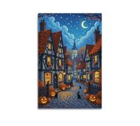 Modern Home Aesthetics Canvas Wall Decor Posters- Halloween Poster Town Scene With Pumpkin And Black Cat Under Moonlight Is Dreamy And Has Festival Atmosphere Halloween Decorations 24x36inch(60x90cm)