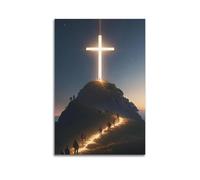 Modern Home Aesthetics Canvas Wall Decor Posters- Religious Poster Glowing Cross on Mountain with Pilgrims Painting 24x36inch(60x90cm) Unframe-style