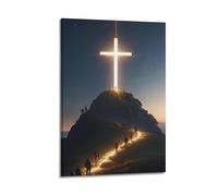 Modern Home Aesthetics Canvas Wall Decor Posters- Religious Poster Glowing Cross on Mountain with Pilgrims Painting 24x36inch(60x90cm) Frame-style