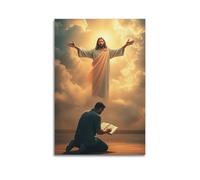 Modern Home Aesthetics Canvas Wall Decor Posters- Religious Poster Jesus in Clouds with Praying Man, Spiritual And Moving Painting 20x30inch(50x75cm) Unframe-style