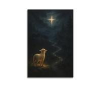Modern Home Aesthetics Canvas Wall Decor Posters- Religious Poster Lamb Looking at Glowing Cross in Darkness Full of Hope Painting 24x36inch(60x90cm) Unframe-style