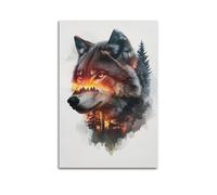Modern Home Canvas Wall Decor Aesthetic Living Space Posters Art Poster Double Exposure Wolf And Forest Creative Canvas Painting 16x24inch(40x60cm) Unframe-style