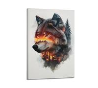 Modern Home Canvas Wall Decor Aesthetic Living Space Posters Art Poster Double Exposure Wolf And Forest Creative Canvas Painting 20x30inch(50x75cm) Frame-style