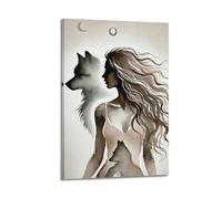 Modern Home Canvas Wall Decor Aesthetic Living Space Posters Art Poster Silhouette of Woman And Wolf Creative Abstract Canvas Painting 16x24inch(40x60cm) Frame-style