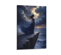Modern Home Canvas Wall Decor Aesthetic Living Space Posters Fantasy Poster Cliff Woman Ocean Decor Mystical Vibe Bringer Painting 16x24inch(40x60cm) Frame-style