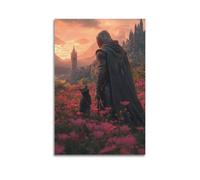 Modern Home Canvas Wall Decor Aesthetic Living Space Posters Fantasy Poster Knight Cat Flower Field Decor Enchanting Vibe Bringer Painting 16x24inch(40x60cm) Unframe-style