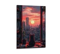 Modern Home Canvas Wall Decor Aesthetic Living Space Posters Landscape Poster Cat City Sunset Decor Peaceful Vibe Bringer Painting 08x12inch(20x30cm) Frame-style