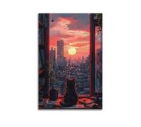 Modern Home Canvas Wall Decor Aesthetic Living Space Posters Landscape Poster Cat City Sunset Decor Peaceful Vibe Bringer Painting 16x24inch(40x60cm) Unframe-style