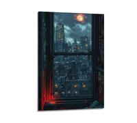 Modern Home Canvas Wall Decor Aesthetic Living Space Posters Landscape Poster City Night Outside Window Lights Match Red Moon Quiet Urban Wall Art 16x24inch(40x60cm) Frame-style