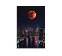 Modern Home Canvas Wall Decor Aesthetic Living Space Posters Landscape Poster City Red Moon Night View Creative Canvas Painting 08x12inch(20x30cm) Unframe-style