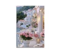 Modern Home Canvas Wall Decor Aesthetic Living Space Posters Landscape Poster Coastal Balcony Roses Seaside Homes Romantic Painting 16x24inch(40x60cm) Unframe-style