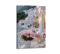 Modern Home Canvas Wall Decor Aesthetic Living Space Posters Landscape Poster Coastal Balcony Roses Seaside Homes Romantic Painting 24x36inch(60x90cm) Frame-style