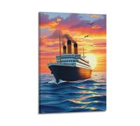 Modern Home Canvas Wall Decor Aesthetic Living Space Posters Landscape Poster Cruise Ship Sunset Sea Decor Peaceful Vibe Bringer Painting 16x24inch(40x60cm) Frame-style