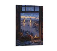 Modern Home Canvas Wall Decor Aesthetic Living Space Posters Landscape Poster London Tower Bridge Night View From Window Warm Artistic Canvas Art 20x30inch(50x75cm) Frame-style