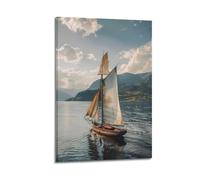 Modern Home Canvas Wall Decor Aesthetic Living Space Posters Landscape Poster Sailboat Mountain Lake Decor Peaceful Vibe Bringer Painting 20x30inch(50x75cm) Frame-style