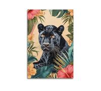 Modern Home Print Wall Art Canvas Poster -Animal Poster Black Panther Hides Among Tropical Flowers And Leaves Mysterious And Domineering Art Decorative Painting 12x18inch(30x45cm) Unframe-style