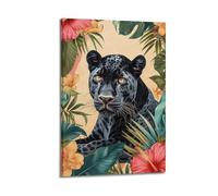 Modern Home Print Wall Art Canvas Poster -Animal Poster Black Panther Hides Among Tropical Flowers And Leaves Mysterious And Domineering Art Decorative Painting 20x30inch(50x75cm) Frame-style
