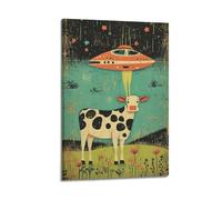 Modern Home Print Wall Art Canvas Poster -Animal Poster Cow Under UFO Full of Fantasy Feeling Decorative Painting 24x36inch(60x90cm) Frame-style