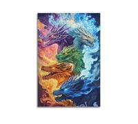 Modern Home Print Wall Art Canvas Poster -Animal Poster Five - Colored Divine Dragons Gather Super Imposing Decorative Painting 08x12inch(20x30cm) Unframe-style