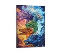Modern Home Print Wall Art Canvas Poster -Animal Poster Five - Colored Divine Dragons Gather Super Imposing Decorative Painting 24x36inch(60x90cm) Frame-style